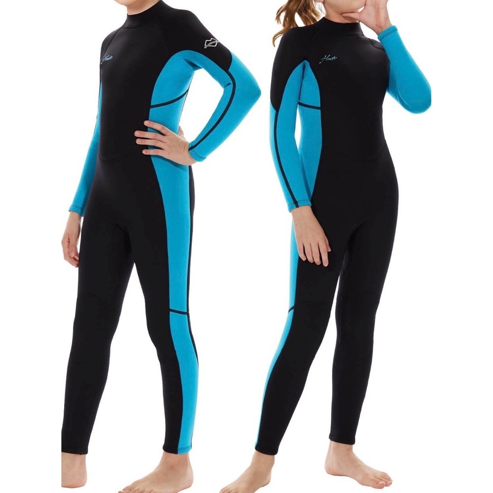 Hevto Wetsuit Kids Size 10 Black Blue Excellent 3/2mm Neoprene Full Body Zip